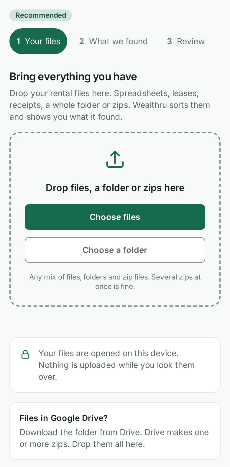 The Bring everything you have card, marked Recommended, with the drop box, the Choose files and Choose a folder buttons, and the notes that your files are opened on this device and how to bring files from Google Drive.