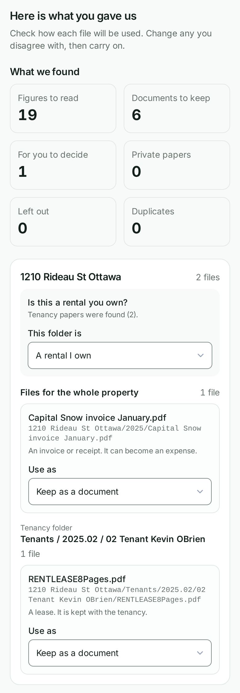 The Here is what you gave us screen: the totals, 19 files to read for figures, 6 documents to keep and 1 to decide, then the 1210 Rideau St Ottawa folder answered A rental I own, with each file and its Use as choice.