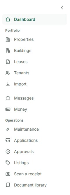 The Wealthru sidebar on a computer, with Dashboard highlighted at the top, the Portfolio group listing Properties, Buildings, Leases, Tenants and Import, then Messages and Money, then the Operations group listing Maintenance, Applications, Approvals, Listings, Scan a receipt and Document library, and an arrow at the top for making it narrower.