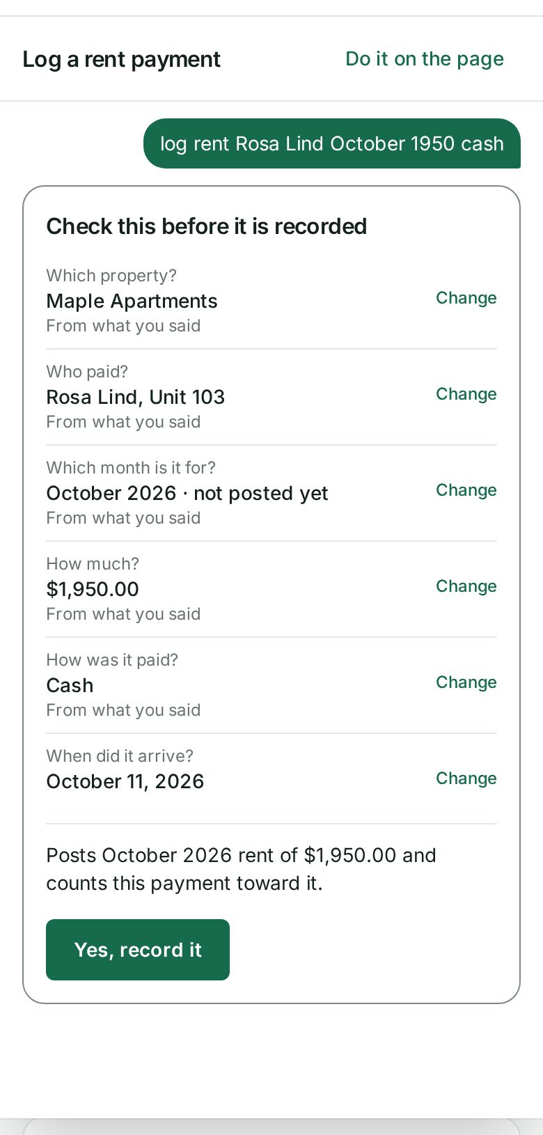 The card after saying log rent Rosa Lind October 1950 cash. It lists the property, the tenant, the month, $1,950.00, Cash and the date, each with Change, then what will post, and the Yes, record it button.