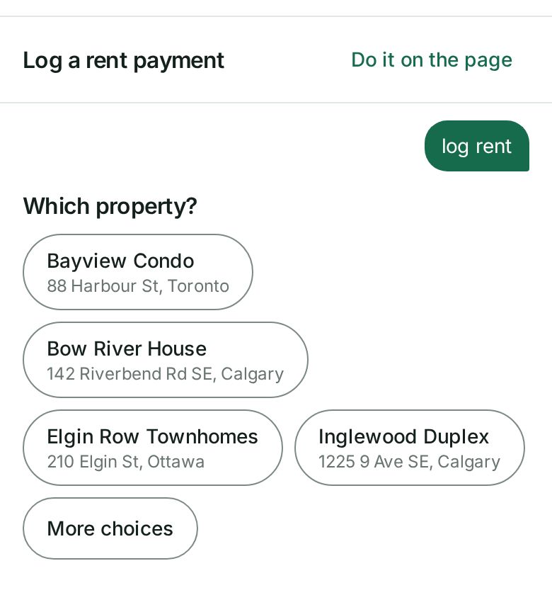 A phone showing Log a rent payment after typing log rent. It asks Which property, with four buildings as buttons, More choices, and Do it on the page at the top.