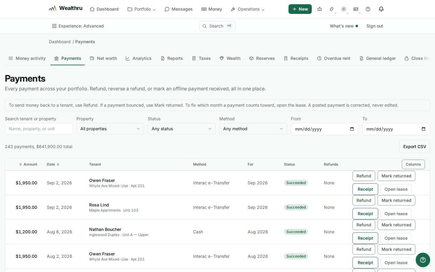 The Payments list on a wide screen: six filters on one row, a line saying 243 payments, $641,900.00 total, sortable Amount and Date headings, a Columns menu, and each payment's Refund, Mark returned, Receipt and Open lease buttons two to a line.