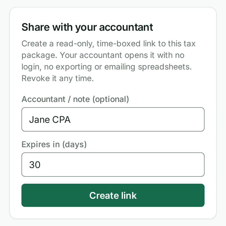 The Share with your accountant panel on the Tax page on a phone, with Jane CPA typed as the note, 30 days to expiry, and the Create link button.