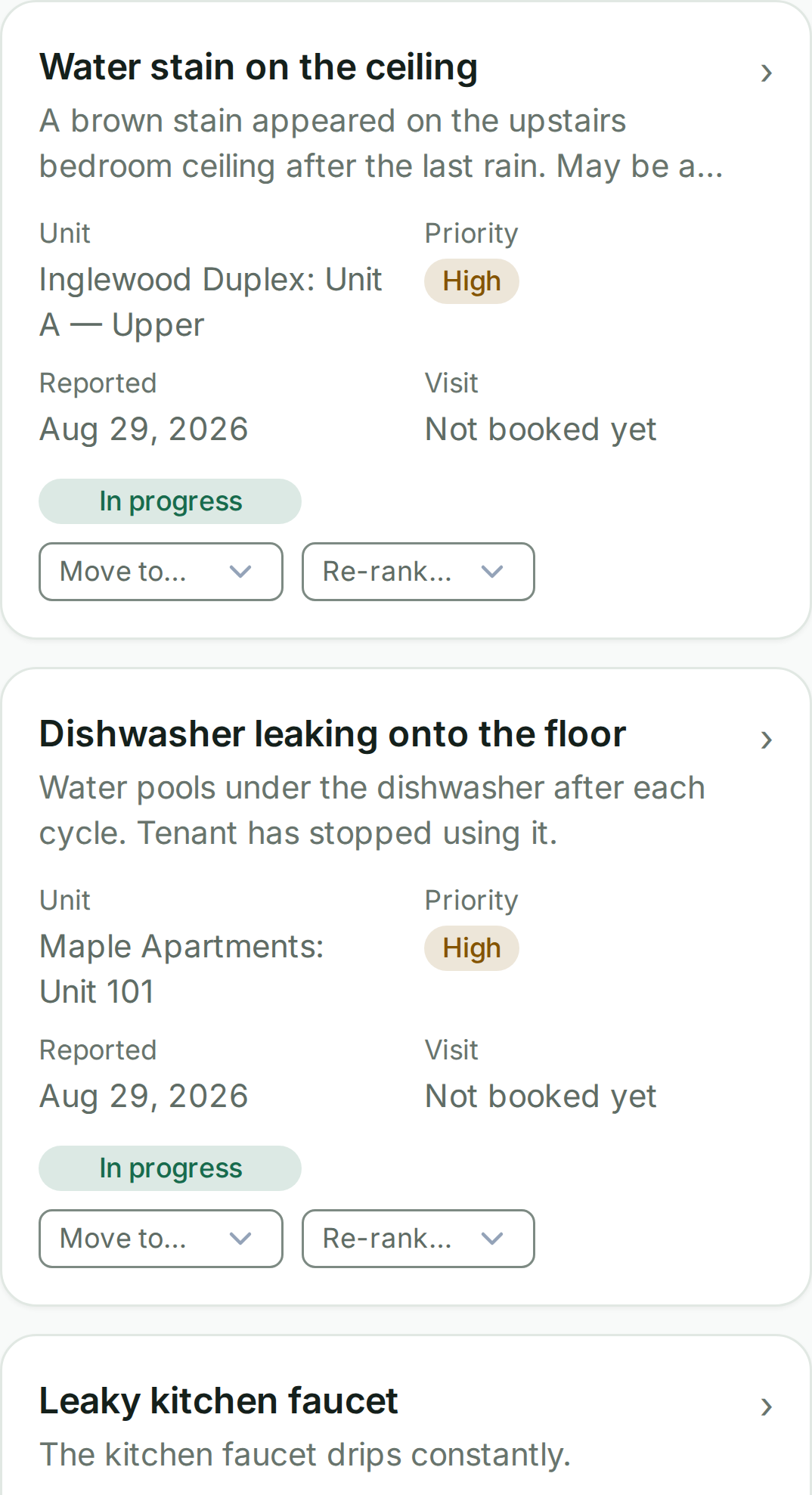 The Wealthru maintenance board listing reported issues with the unit, priority, date reported, visit status and the next action for each.