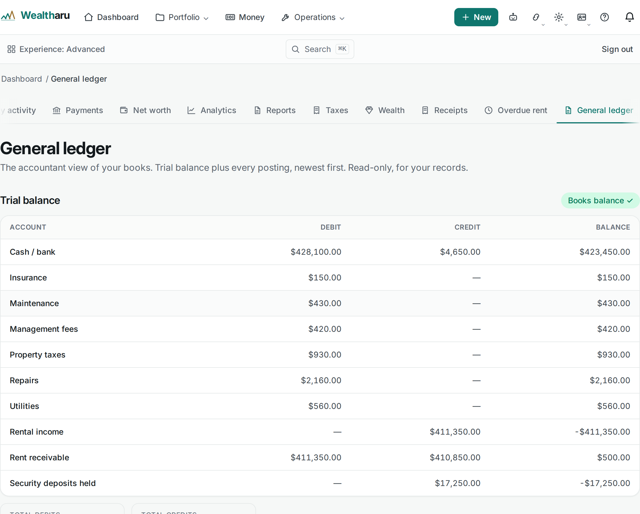 Wealtharu general ledger and trial balance showing balanced double-entry transactions across cash, rent, and expense accounts.