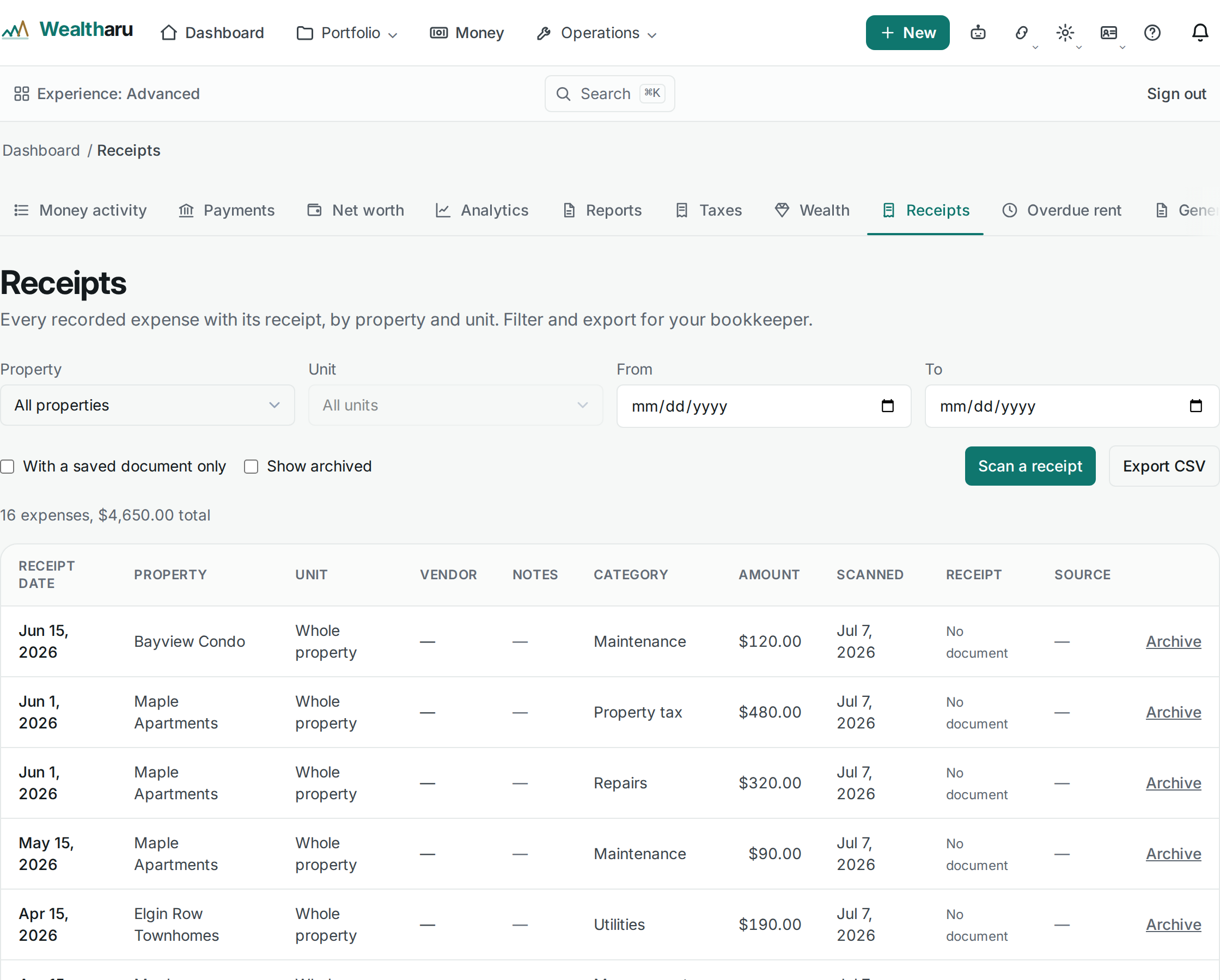 Wealtharu receipts ledger listing every recorded expense with its property, vendor, amount, and a link to the original document.