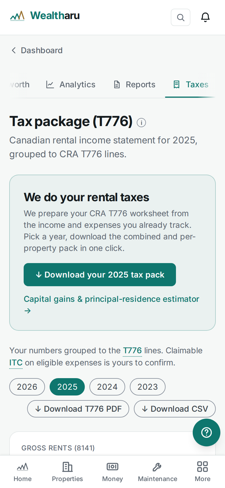 Wealtharu tax package grouping rental income and expenses to CRA T776 lines, with a per-property breakdown.